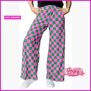 Women's Casual Loose Checkered Wide Leg Pants High Waist Straight Lounge